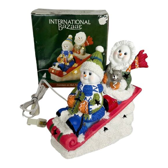 Snowman Sledding NIGHT LIGHT Winter Holiday Lamp International Bazaar Christmas - Picture 2 of 12